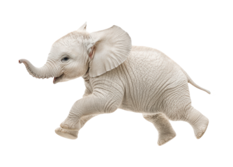 A young, playful baby elephant joyfully running with its trunk raised and ears flapping, isolated on transparent and white background