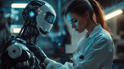 Fototapeta premium The Future is Now: A Woman Engineer and Her Advanced Robot