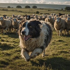 Fototapeta premium A sheepdog herding sheep in a lush green pasture.sheep and lambs.Energetic Border Collie Herding Sheep – Working Dog in Action on a Farm.sheep herding dog 