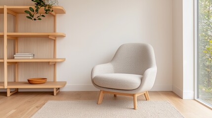 Fototapeta premium A modern grey upholstered armchair stands in a minimalist living room with light wood furniture and natural light.