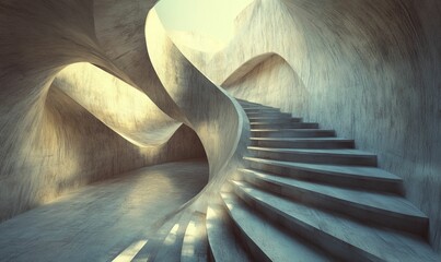 Concrete swirling staircase curves upward in soft light.