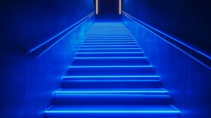 Obraz premium Illuminated blue staircase ascends into darkness with handrails.