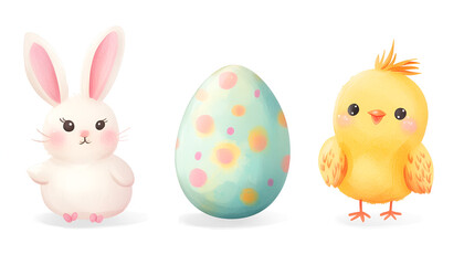 Cute bunny, baby chick and bright Easter egg on white background