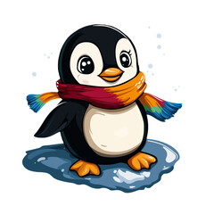 Obraz premium A kawaii penguin wearing a colorful scarf and sliding on ice, isolated on a solid black background.