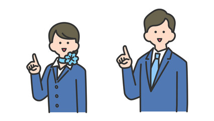  ひとさし指で指し示す、フォーマルなスーツ姿の男性と女性　カラフル