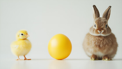 Cute bunny, baby chick and bright Easter egg on white background
