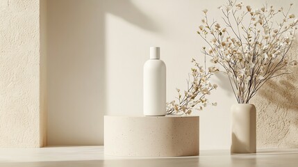 Minimalist white bottle on a textured pedestal with delicate dried flowers, bathed in soft natural light, creating a serene ambiance.