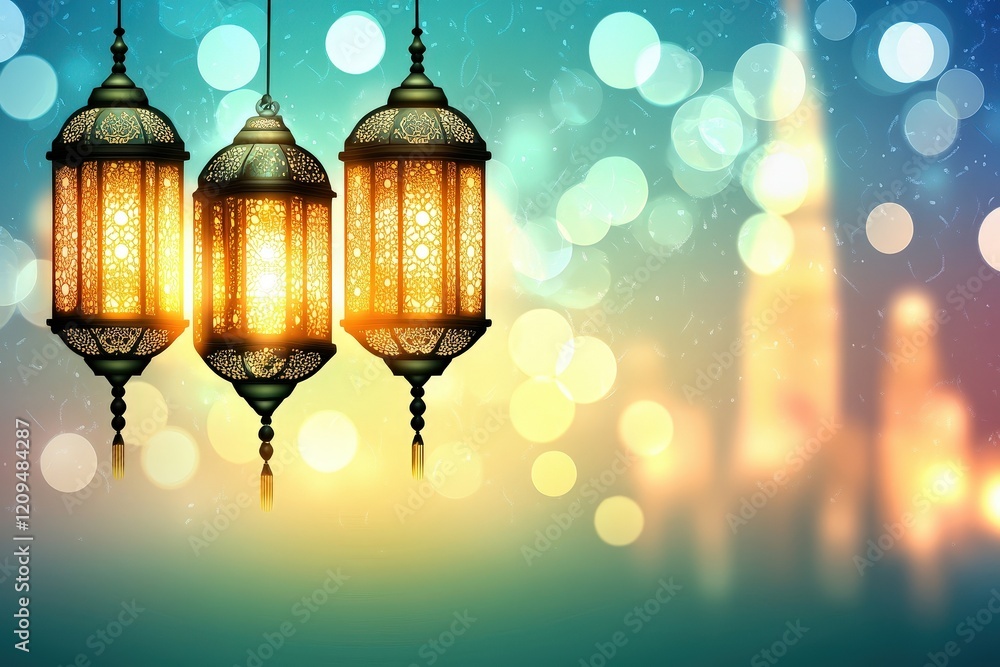 Poster elegant hanging lanterns creating a warm glow in a dreamy bokeh background for enchanting nighttime 