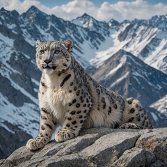 Naklejka premium Snow leopard perched on a radiant, snowy mountain peak.A snow leopard perched on a rocky cliff overlooking snow-capped mountains.A snow leopard perched on a rocky ledge with snow-capped mountains in 