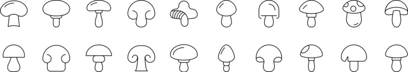 Pack of Mushroom Related Line Icons. Outline Signs for Graphic and Web Design, Apps, Adverts, Various Cards