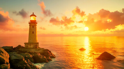 A coastal lighthouse with a radiant retro sunset casting a warm glow across the ocean and the rocks