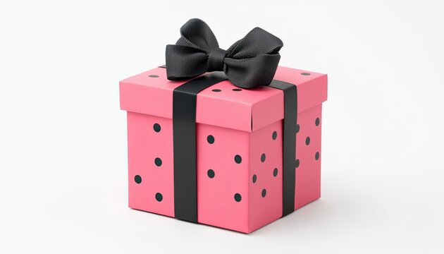 Pink gift box with black ribbon and bow, adorned with polka dots, set against a clean white background