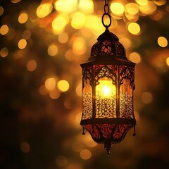 Beautiful Ornate Lantern Glowing with Warm Light Against a Bokeh Background, Perfect for Cozy Atmosphere and Festive Occasions