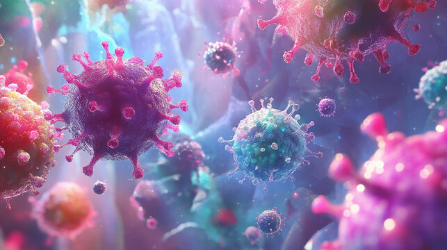 Colorful virus particles floating in a surreal environment, representing challenges in overcoming pandemic threats. Generative AI - Powered by Adobe