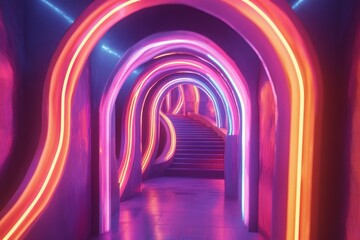 Arched doorways with lights lead to a staircase.