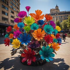 An art installation of giant, colorful metal flowers in a city plaza.