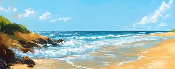 Scenic beach landscape with golden sand and gentle ocean waves.