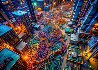 Obraz premium Abstract Industrial Drone Photography: Tangled Audio Cables Factory Floor