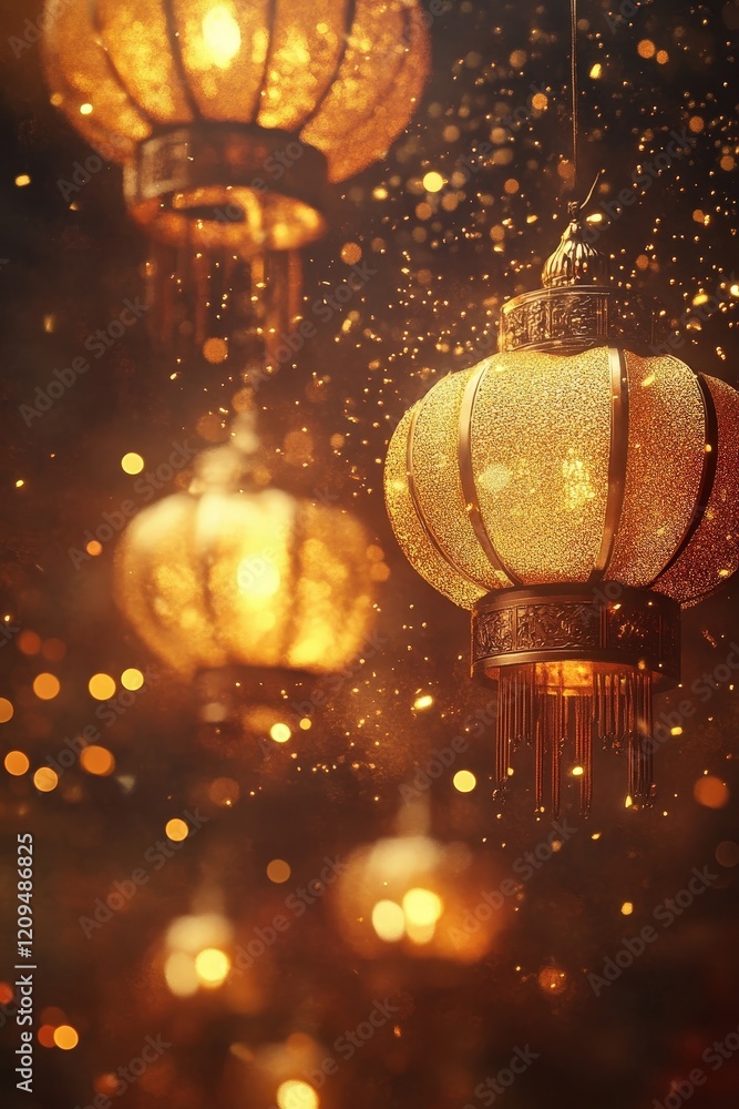 Poster elegant lanterns glowing in a festive atmosphere with warm light and sparkling bokeh backdrop for ce