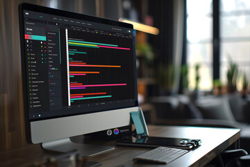 Project management software interface displayed on a computer screen, showcasing a detailed timeline chart of a team project. Generative Ai.