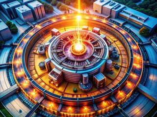 Naklejka premium Soaring drone captures a futuristic fusion reactor energy plant, a breathtaking aerial perspective.