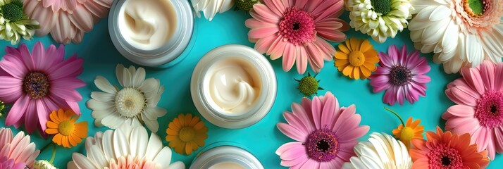 Skin care cream jars placed among vibrant flowers, showcasing a natural beauty concept over a bright floral background.