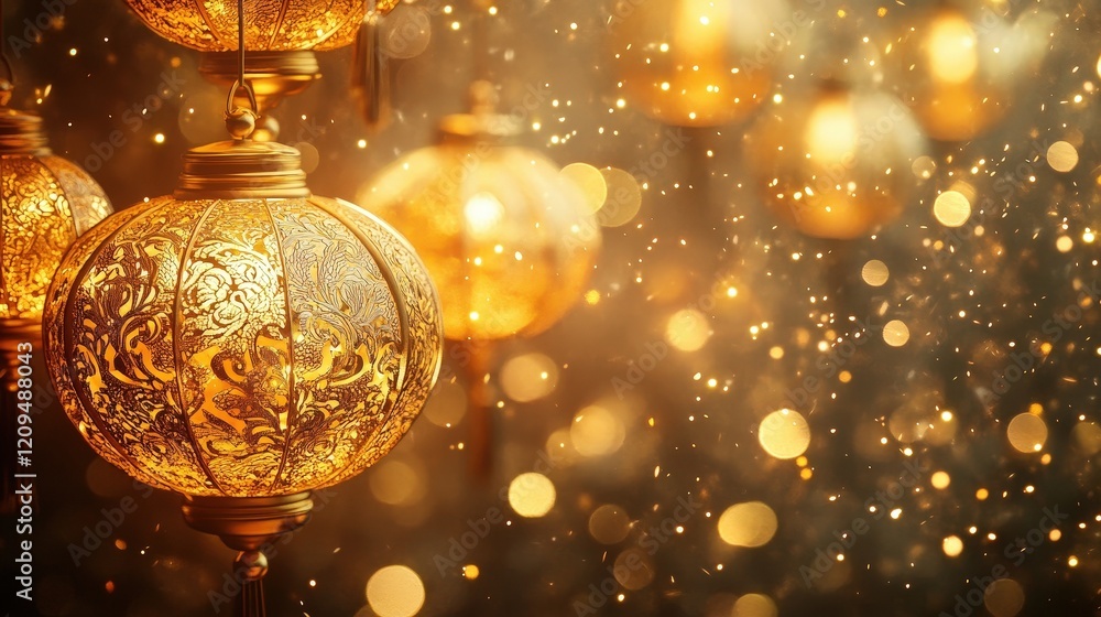 Poster golden lanterns glowing in festive atmosphere with bokeh lights creating a magical and enchanting ba