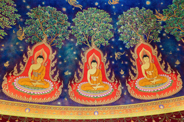 Fototapeta premium Design on the domed ceiling of the temple in Wat Paknam Phasi Charoen, in Bangkok, Thailand. 