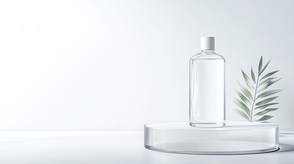 Minimalist clear glass bottle on a circular stand with green leaf accent against a soft white background.