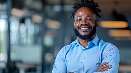 Fototapeta premium Confident man smiling, office background, success, portrait