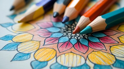 Colored pencils on vibrant mandala drawing.