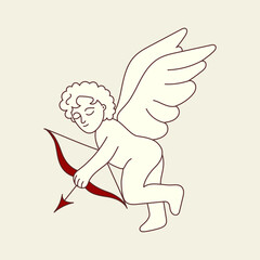 Cute funny vintage cupid, Valentine's day cherub flying and shooting with arch bow, arrow, romantic love. Happy boy angel, baby character. Flat vector illustration isolated