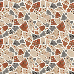Terrazzo pattern design with multicolored fragments on a light background for modern decor, copy space