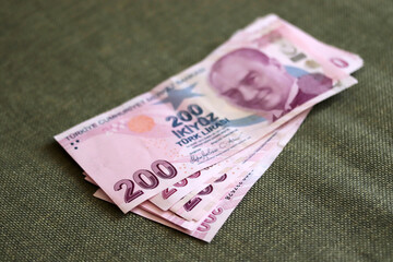 Close up two hundred turkish lira banknotes in circulation