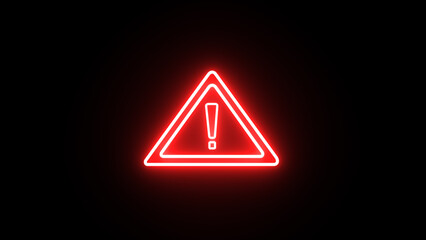 Glowing red neon blinking warning triangle sign. Warning or error message alert symbol on black background.