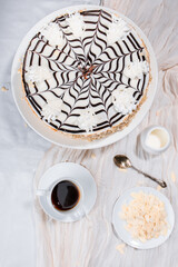 Esterhazy cake, traditional Hungarian, German cake, cake with almonds and condensed milk, walnut cake, cream cake, coffee cake on a light background, flatlay, still life, food photo dessert