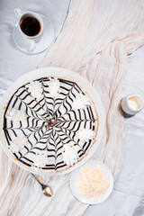 Esterhazy cake, traditional Hungarian, German cake, cake with almonds and condensed milk, walnut cake, cream cake, coffee cake on a light background, flatlay, still life, food photo dessert