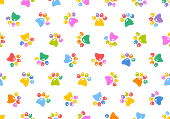 Dog paw seamless pattern cat footprint. Colorful background. Pets adoption. Veterinary care and facilities. Homeless pet rescue