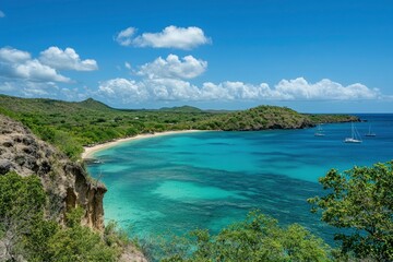 Fototapeta premium A clear blue sky and turquoise sea in the Caribbean, featuring emerald green water and sandy beaches. The photo captures an idyllic beach scene with calm waters and distant boats on the horizon. 