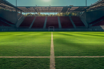 empty rugby football pitch in the stadium in sunny day.