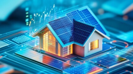 Contemporary home with solar panels on the roof, showing digital graphs and charts representing energy savings and consumption.