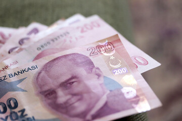 Close up two hundred turkish lira banknotes in circulation