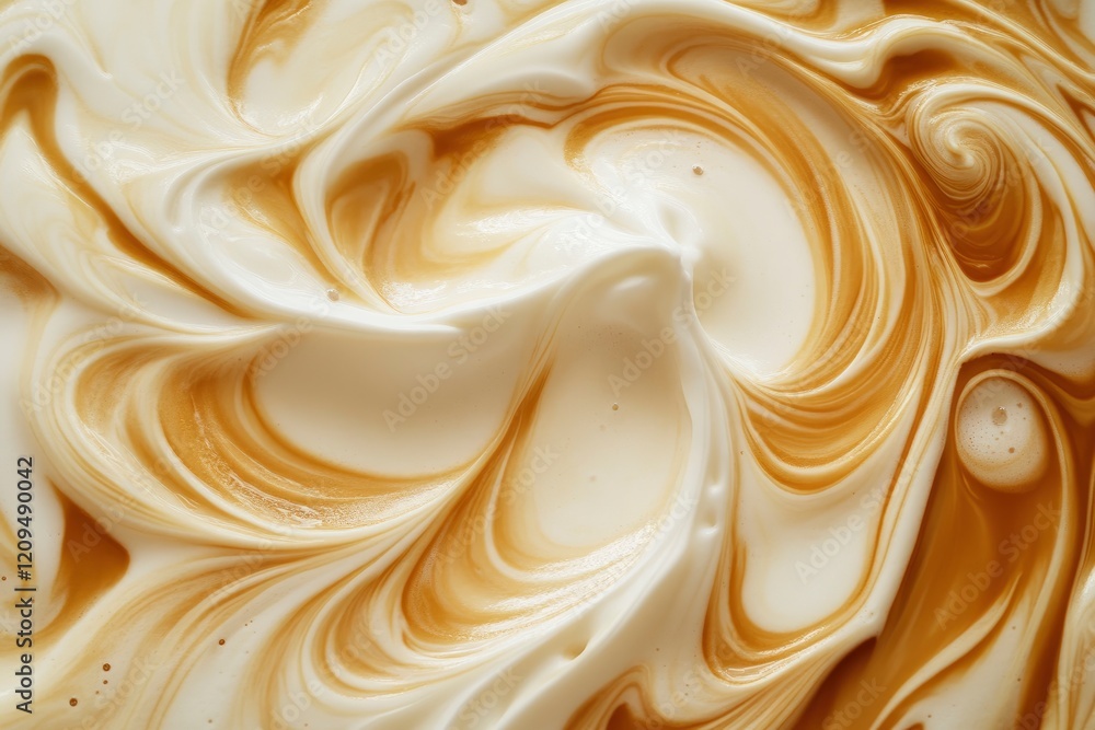 Poster a close-up of swirling milk and coffee in the center, creating an intricate design with white foam o
