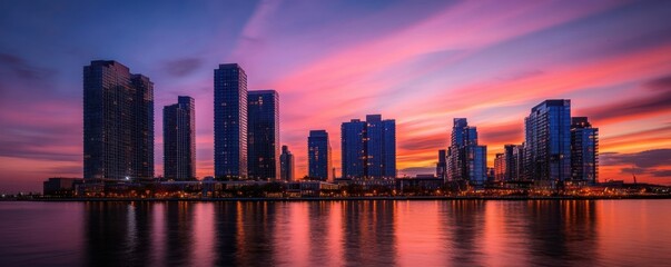 Obraz premium Vibrant skyline of New York City at sunset with iconic skyscrapers.