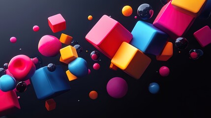 Abstract colorful shapes floating in a dark background, vibrant and modern 