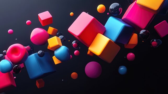 Abstract colorful shapes floating in a dark background, vibrant and modern 