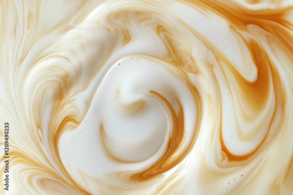 Poster a close-up of swirling milk and coffee in the center, creating an intricate design with white foam o