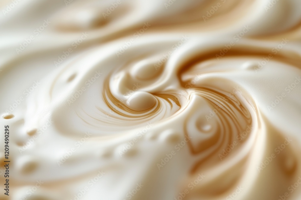 Poster a close-up of swirling milk and coffee in the center, creating an intricate design with white foam o