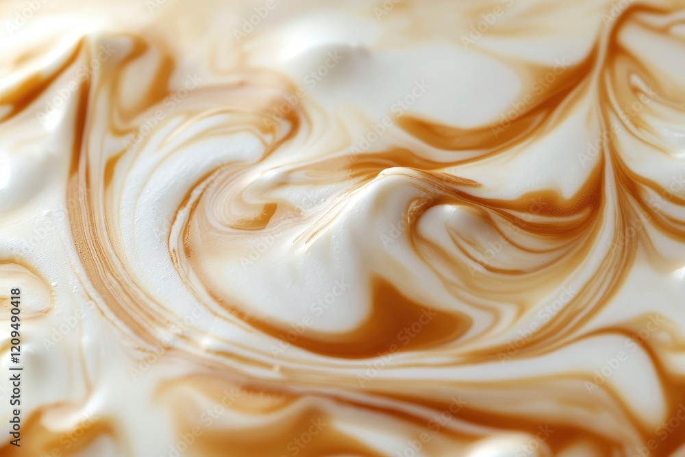 Poster a close-up of swirling milk and coffee in the center, creating an intricate design with white foam o
