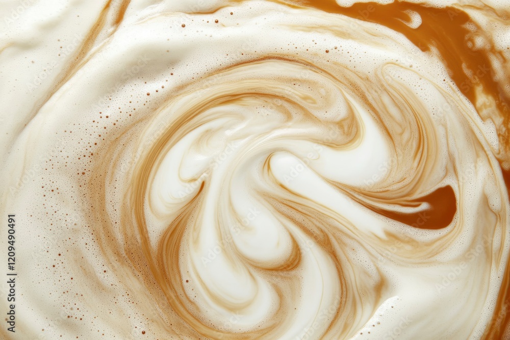 Poster a close-up of swirling milk and coffee in the center, creating an intricate design with white foam o
